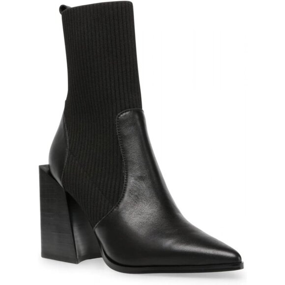 Shoes - Women's Black Chunky Stacked Heel Ankle Boots Pointed Toe Slip On Booties